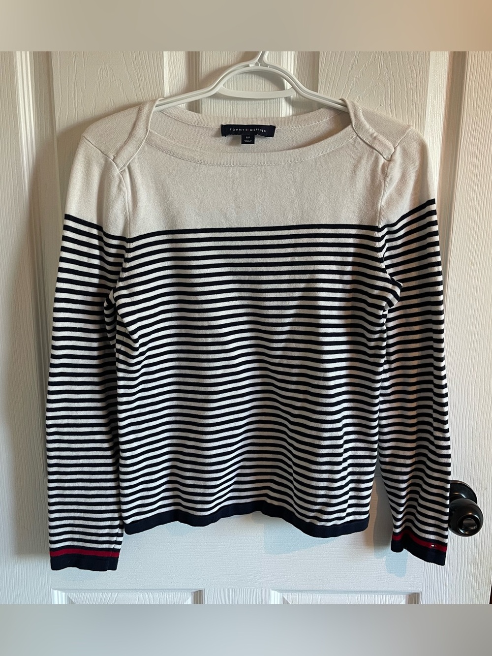 Tommy Hilfiger Striped Knit Boatneck Sweater - Black & White with Red Trim